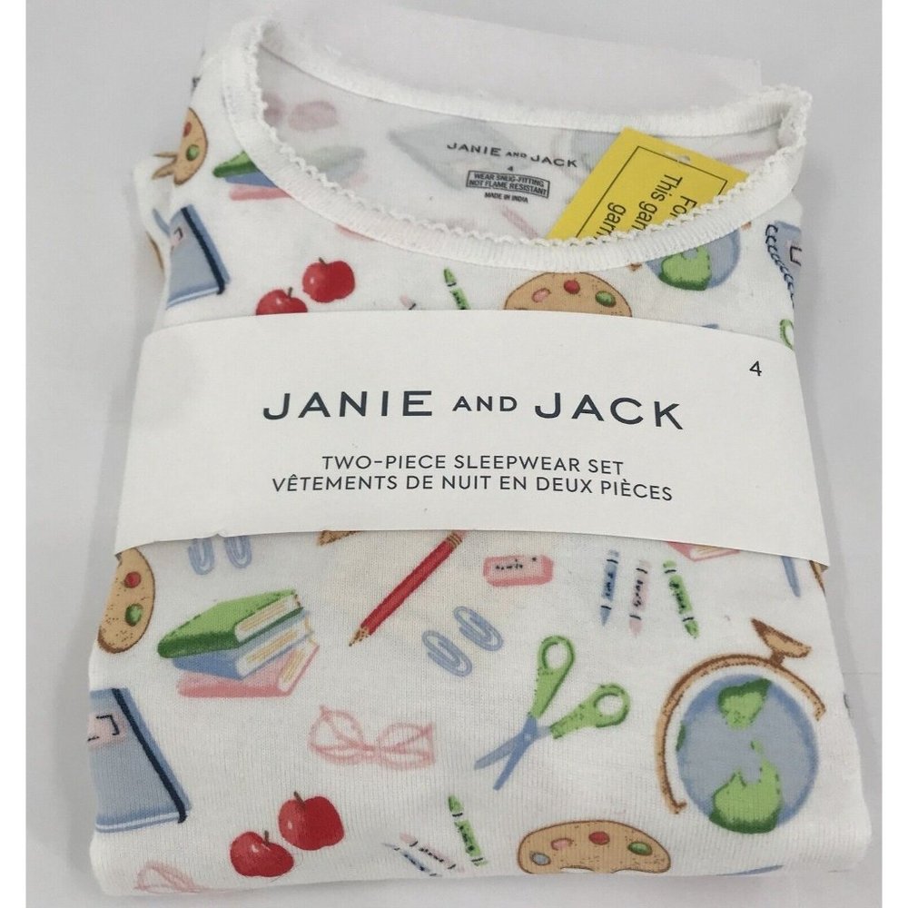 Janie And Jack Pajamas Size 4 2 Piece Set School Painting Apples‎ Globe Books